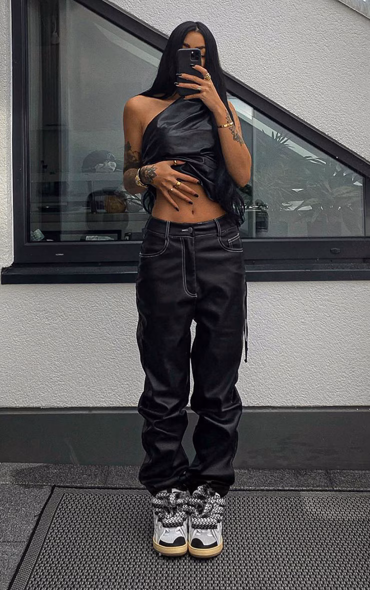 Women's Black Faux Leather Contrast Stitch Straight Leg Pants - Size 16