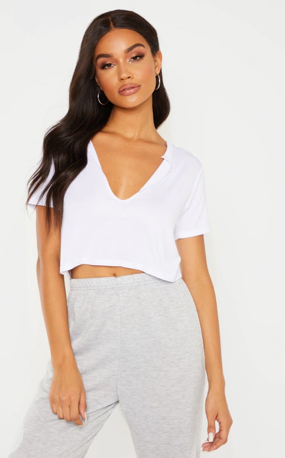 Women's Basic White V Neck Crop T Shirt - Size 14