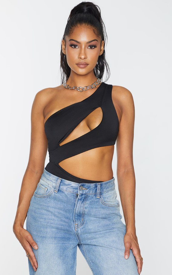 Women's Black Cut Out One Shoulder Slinky Bodysuit - Size 12