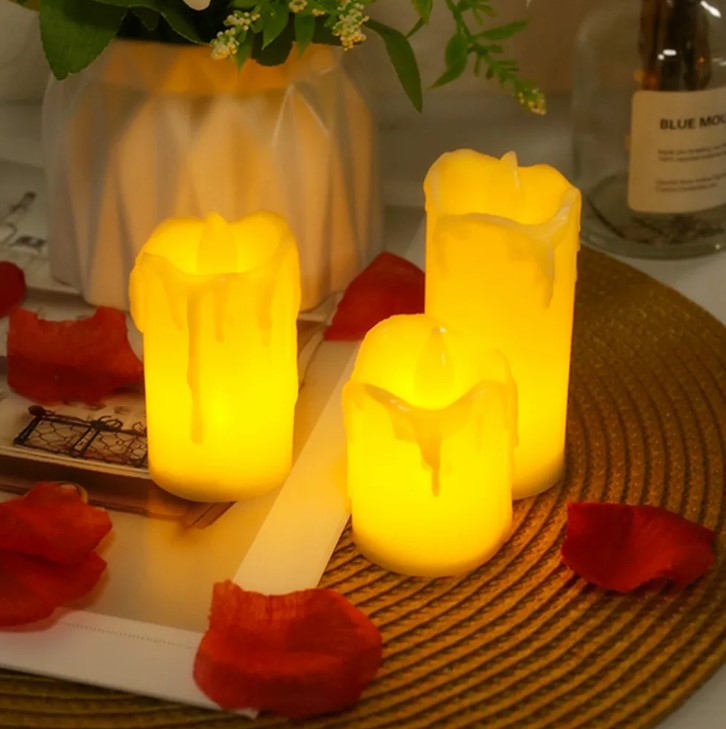 LED Flickering Dirp Wax Amber Yellow Flame Candles 55/70/85mm Tall Battery Powered 3PC