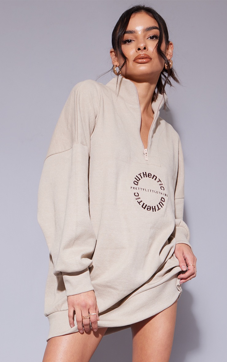 Women's PRETTYLITTLETHING Stone Thick Rib Zip Detail Oversized Jumper Dress - Size 6