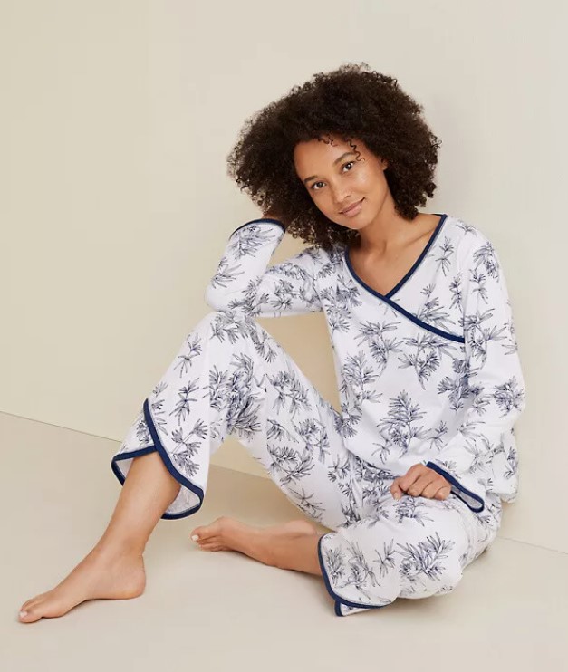 Asian Wrap Long Sleeve Organic Cotton Pajamas - XL(16-18) - Navy Bamboo