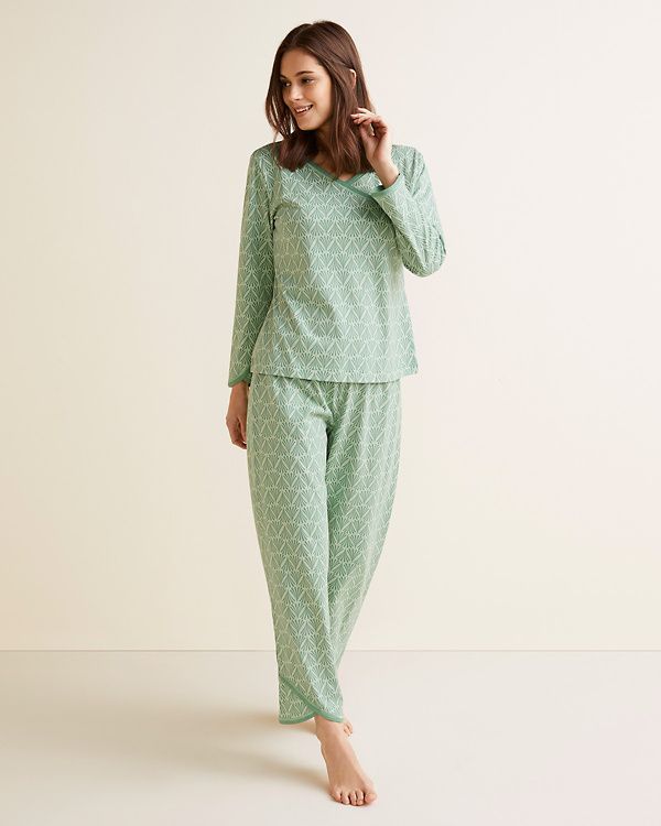 Garnet Hill - Asian Wrap Long Sleeve Organic Cotton Pajamas - M(8-10) - Sage Fans