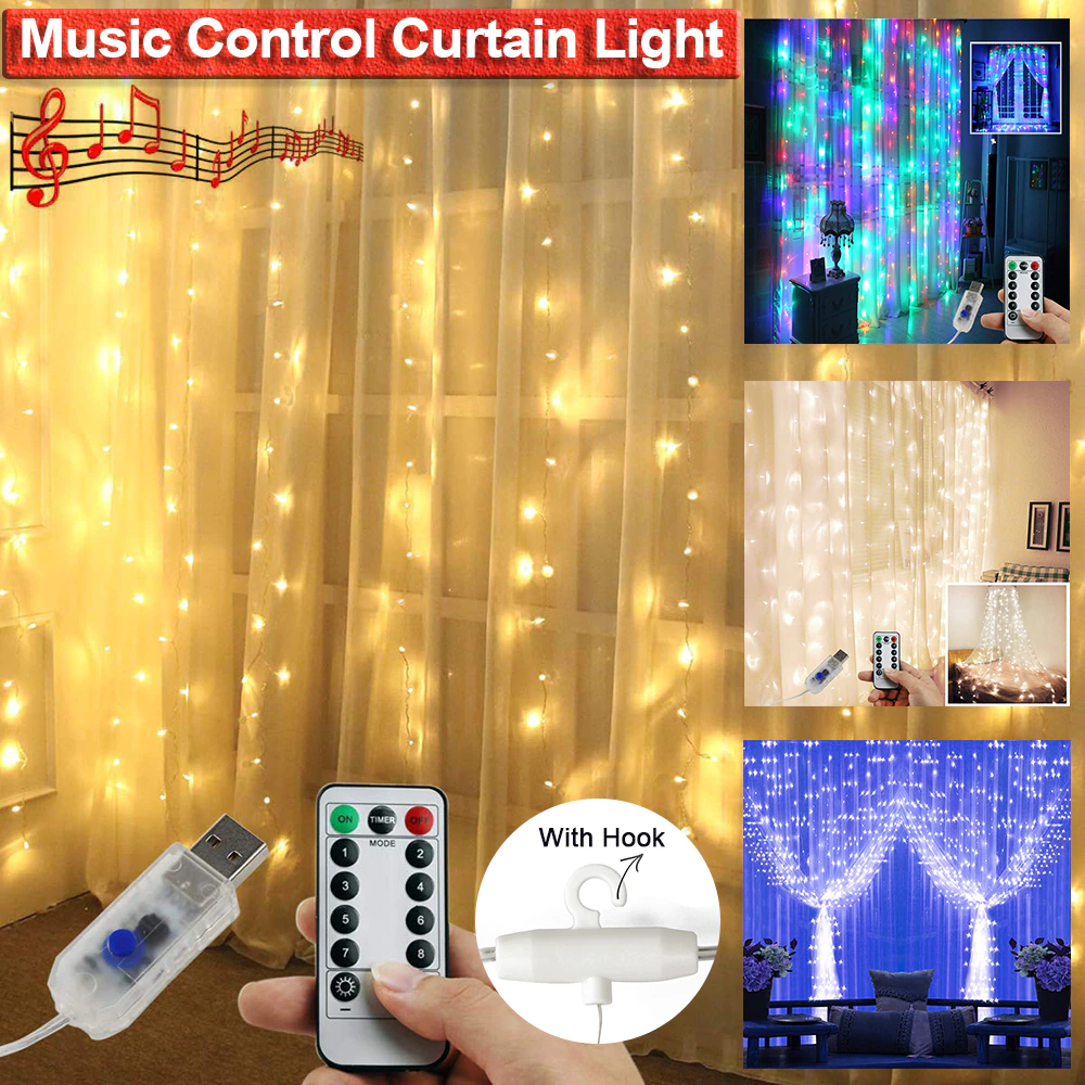 LED Curtain String Lights Sound Music Activated USB 3MX3M 300LED Remote Control + Hanging Hook Lights