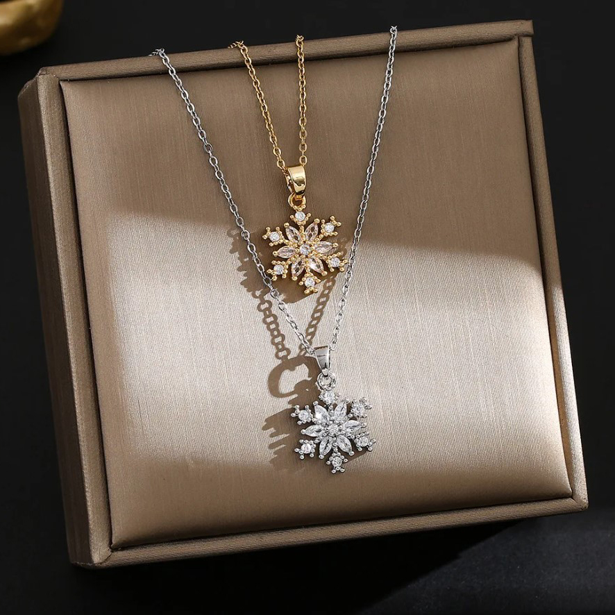 Elegant Crystal Snowflake Necklace - Stainless Steel Chain Winter Jewelry for Wome