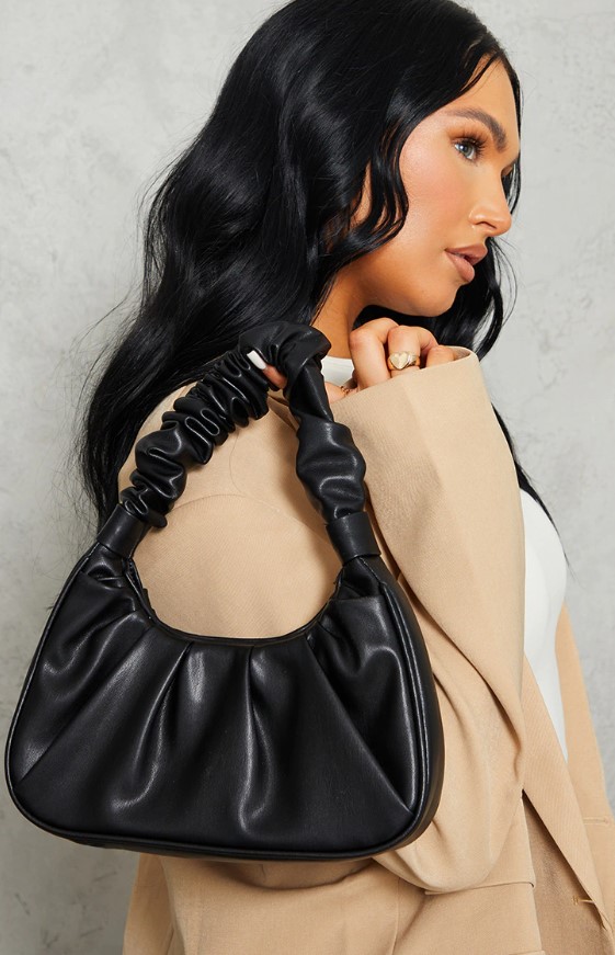 Women's Black Extreme Ruched Handle Shoulder Bag