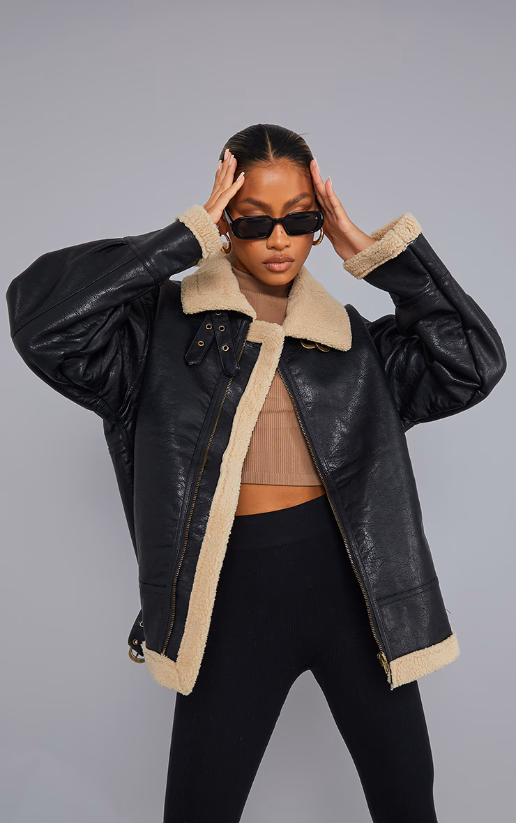 Women's Black Faux Leather Contrast Borg Longline Aviator - Size 16
