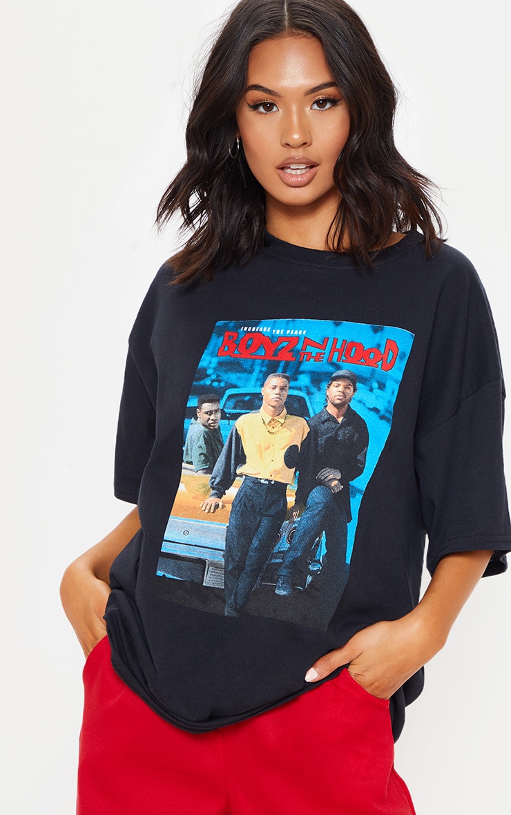Black Oversized Boyz N the Hood Print T Shirt