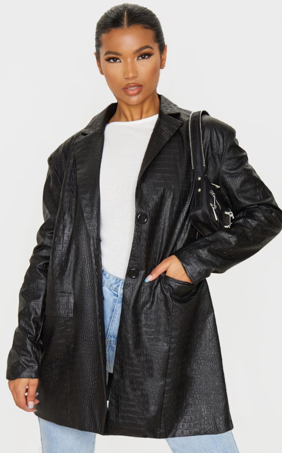 Black Faux Leather Croc Oversized Dad Blazer