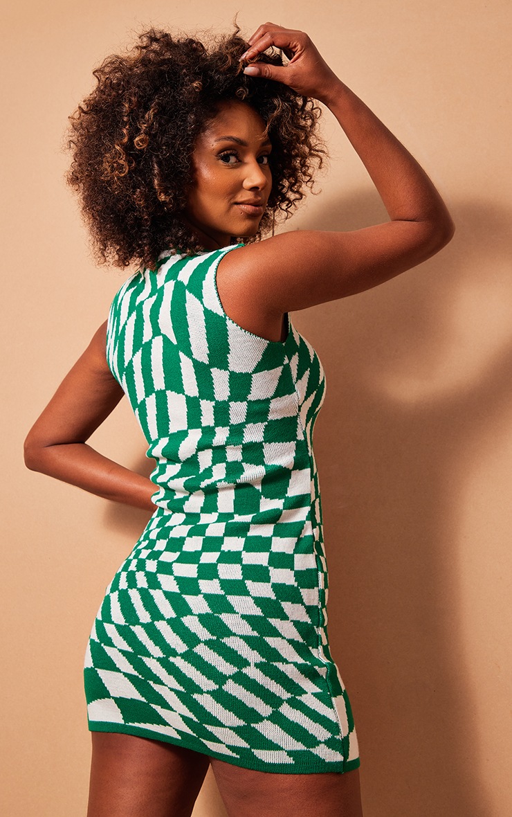 Women's Green Checkerboard Knitted Mini Dress - Size L