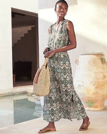 Cinched-Waist Linen Maxi Dress - 14 - Indigo