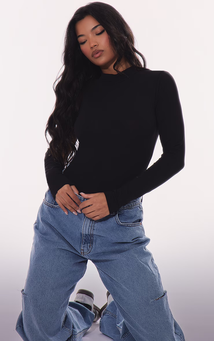 Basic Black Cotton Blend Roll Neck Bodysuit