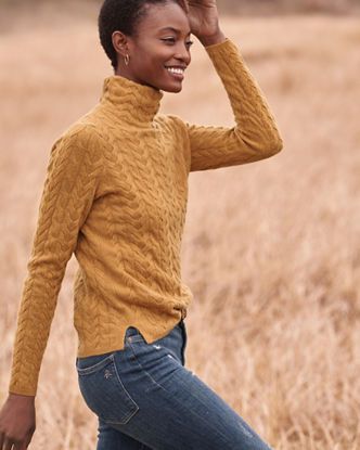 Garnet Hill - Cashmere Cabled T Neck Sweater - M(8-10) - Oat Heather