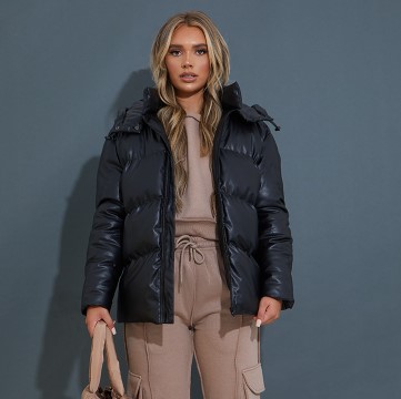 Black Faux Leather Padded Hooded Puffer