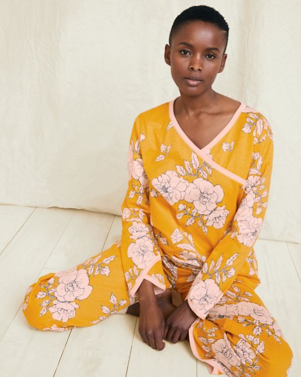 Asian Wrap Organic Cotton Pajamas - M(8-10) - Golden Roses