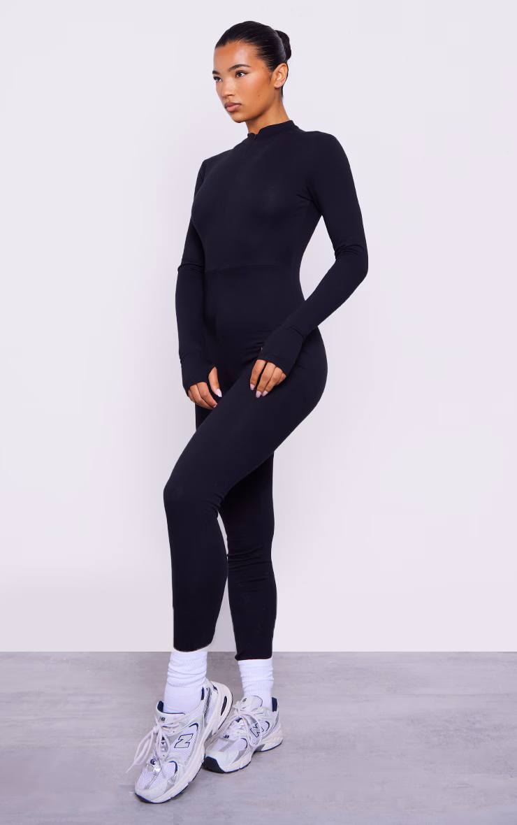 Women's Black Cotton Zip Front Catsuit - Size 14