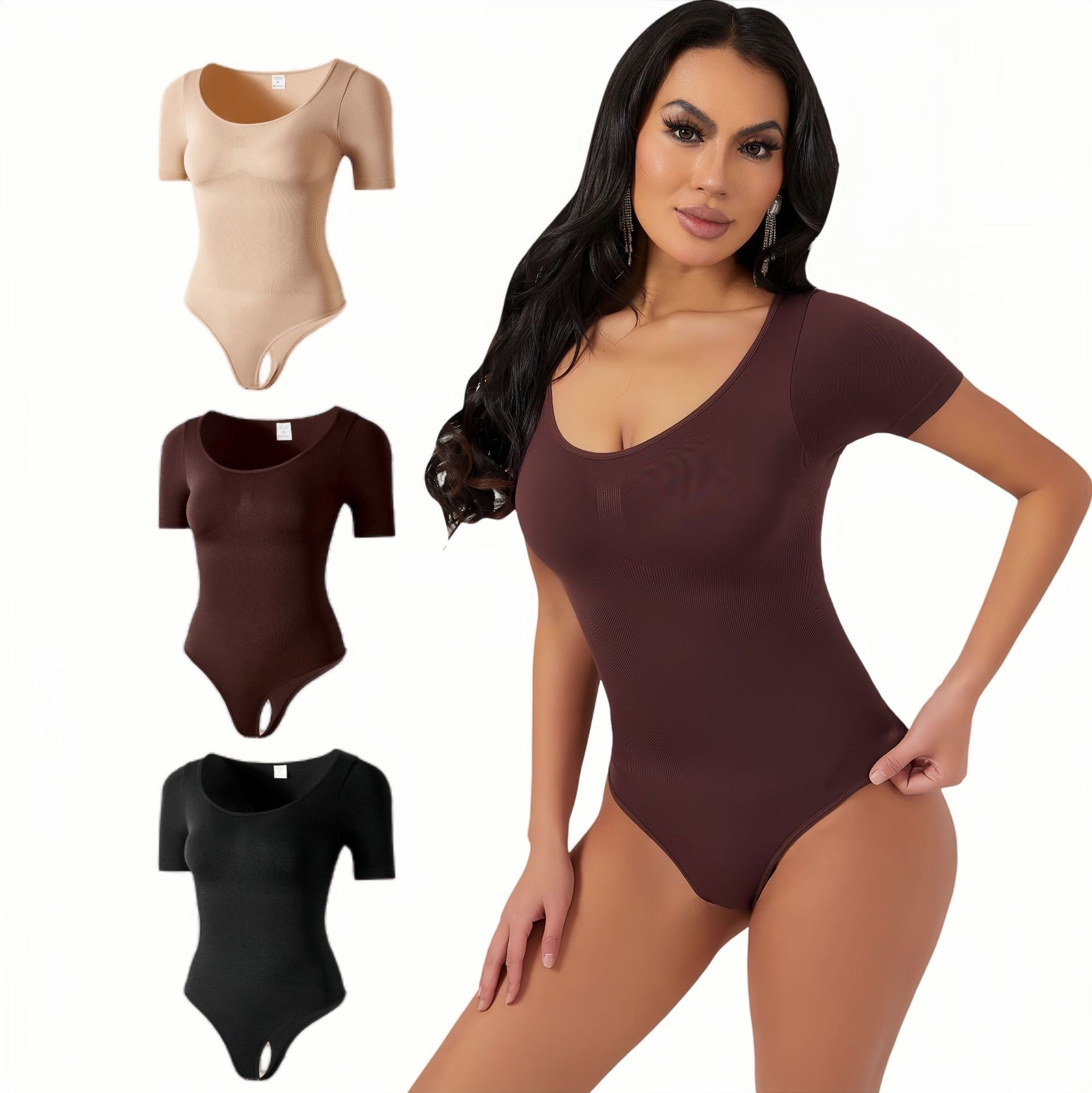 Description Picture 1 of itemEuropean and American style collar, waist cinching, waist cinching, close fitting, seamless short sleeved thong, one-piece shapewear