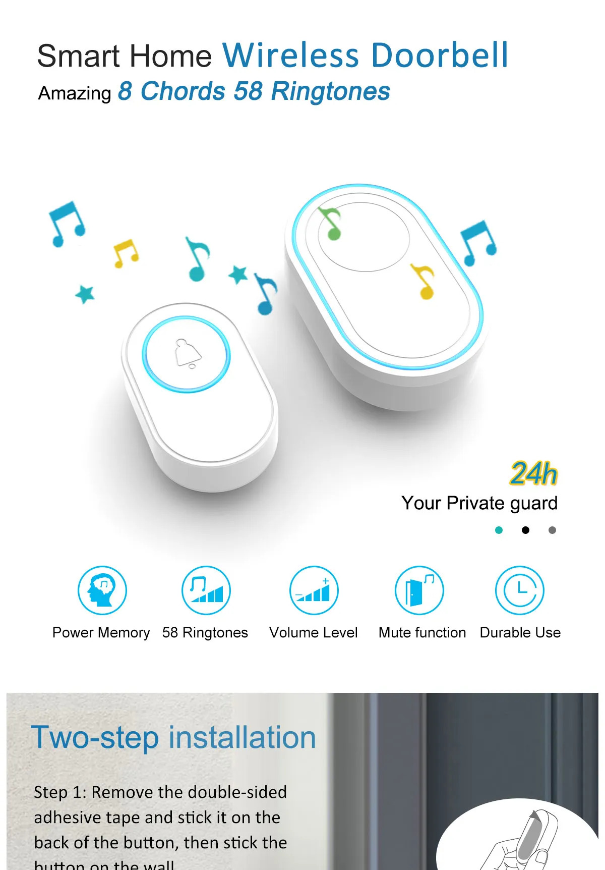 Description Picture 1 of itemSmart Wireless Waterproof Doorbell with 300m Range and Optional Plugs (EU/UK/US)