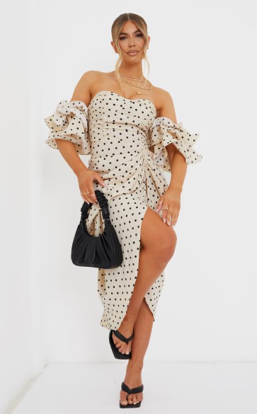 Cream Polka Dot Bardot Frill Sleeve Draped Midi Dress