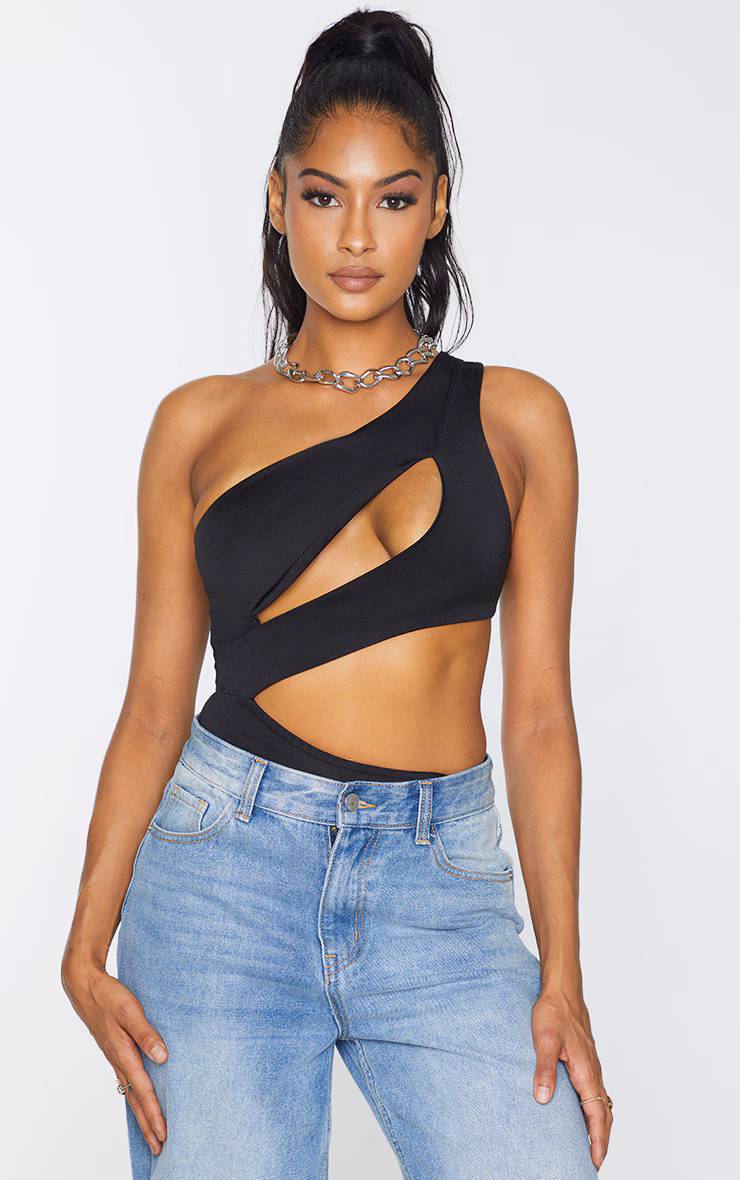 Black Cut Out One Shoulder Slinky Bodysuit