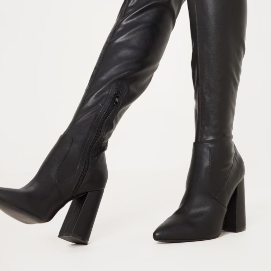 Black Block Heel PU Thigh High Boot