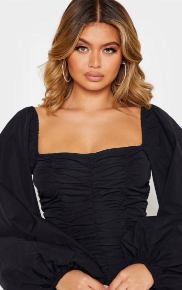 Black Balloon Sleeve Ruched Bodycon Dress