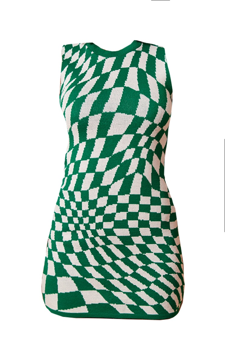 Women's Green Checkerboard Knitted Mini Dress - Size L