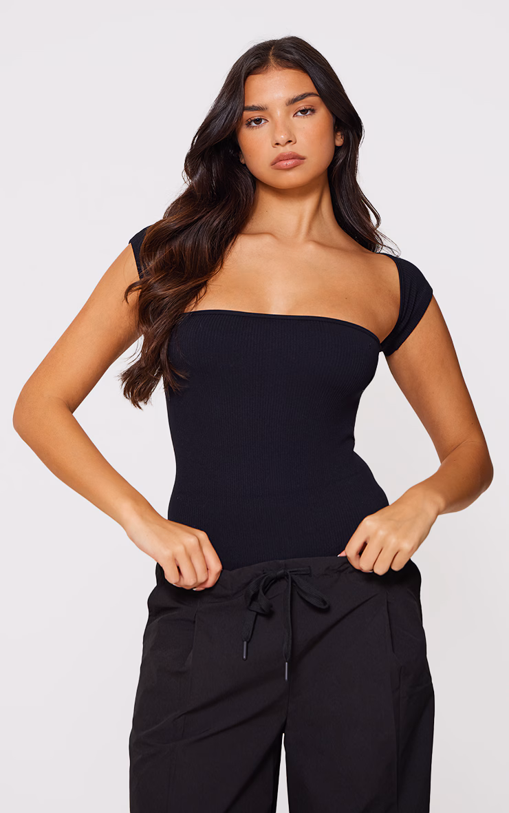 Black Contour Rib Cut Out Short Sleeve Bodysuit
