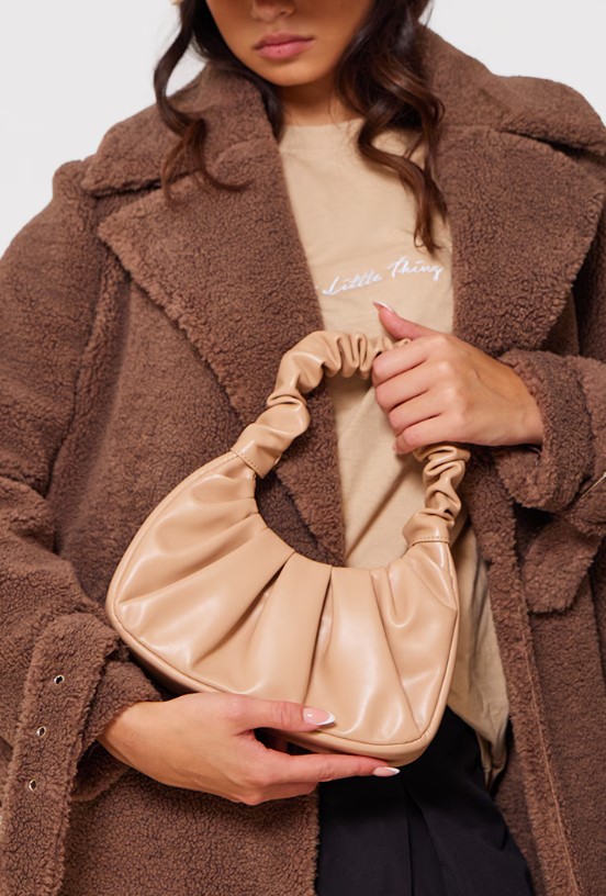 Tan Extreme Ruched Handle Shoulder Bag