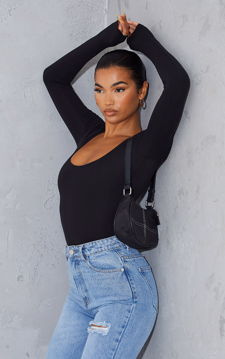 Basic Black Cotton Blend Scoop Neck Long Sleeve Bodysuit