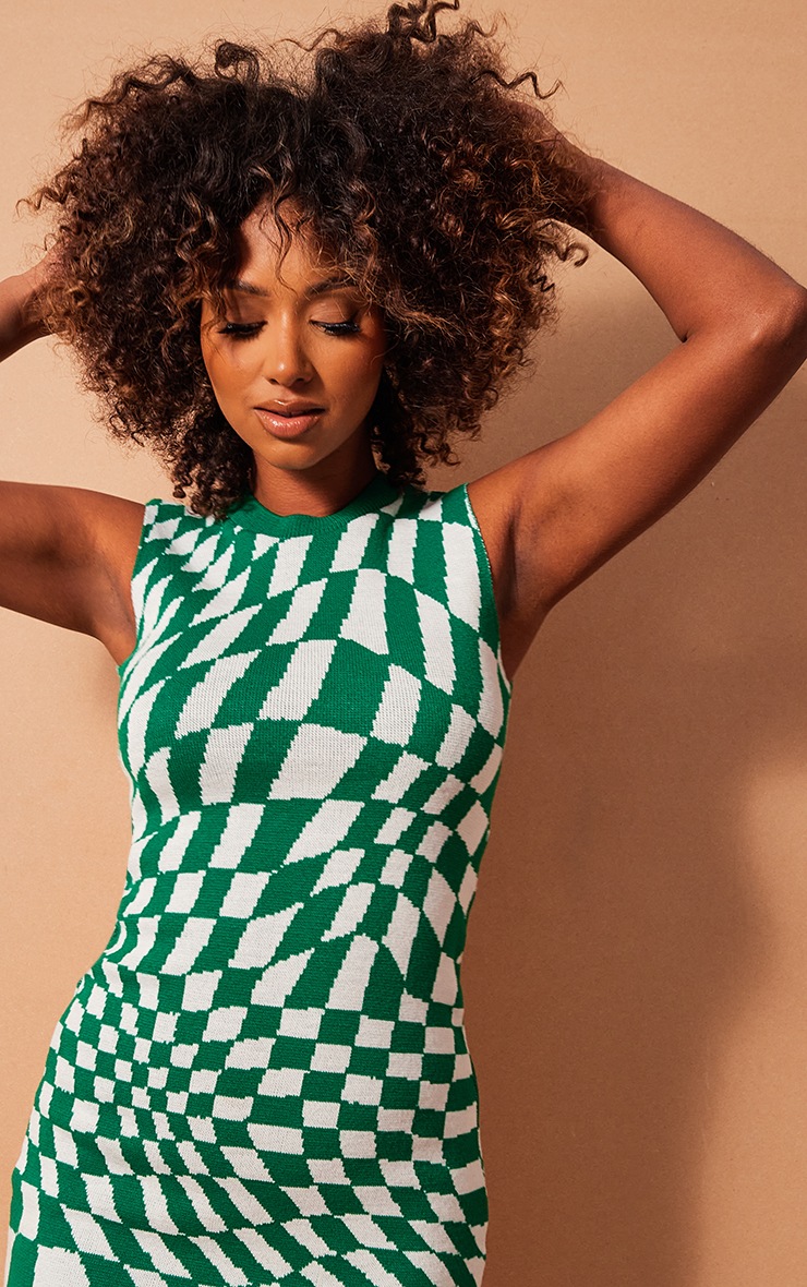Women's Green Checkerboard Knitted Mini Dress - Size L
