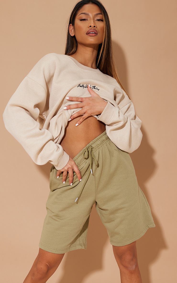 Sage Khaki Drawstring Sweat Longline Shorts